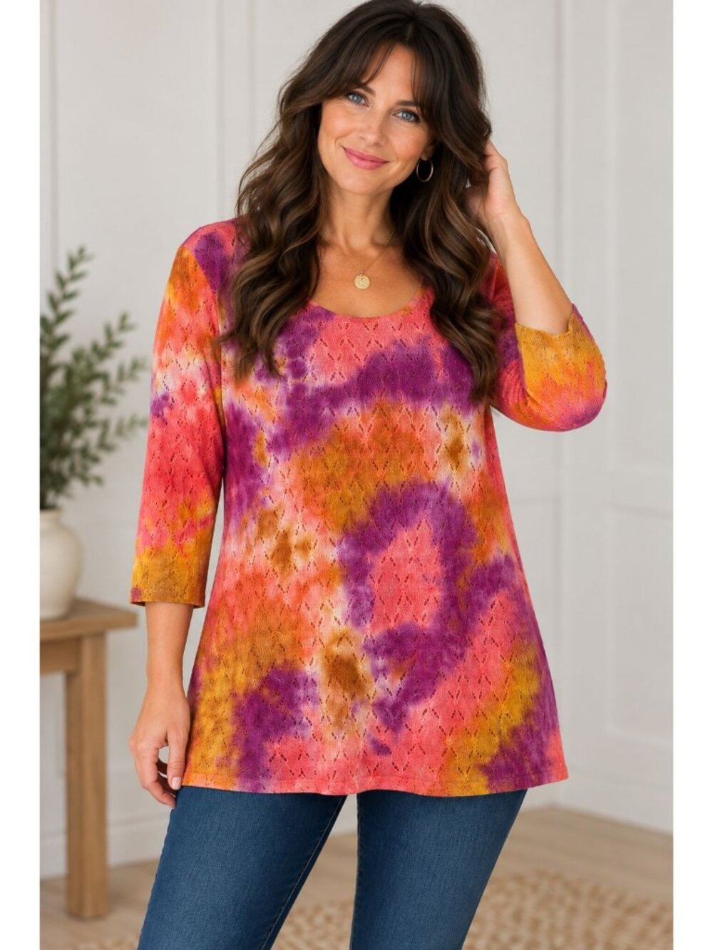 LOGO Layers by Lori Goldstein Tie-Dye Lace 3/4 Sleeve Top Size L